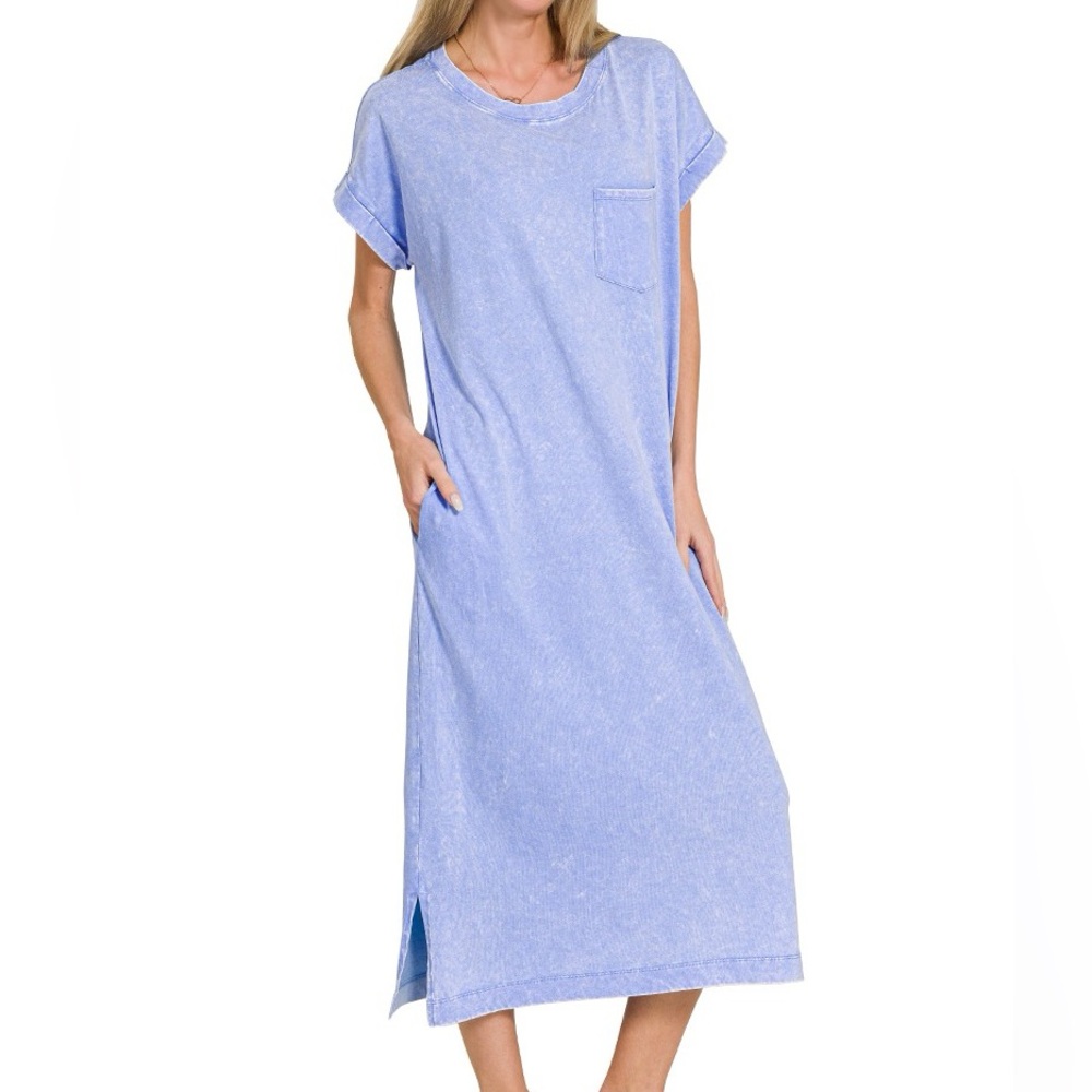 NWT Zenana Cornflower Blue Acid Wash Short Sleeve Midi Length T-Shirt Dress